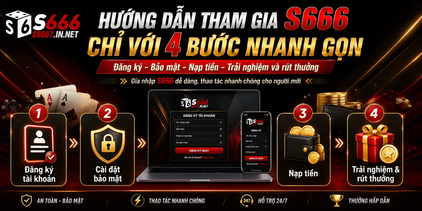 n tham gia S666 với 4 bước đơn giản gồm đăng ký tài khoản, cài đặt bảo mật, nạp tiền và rút thưởng nhanh chóng.