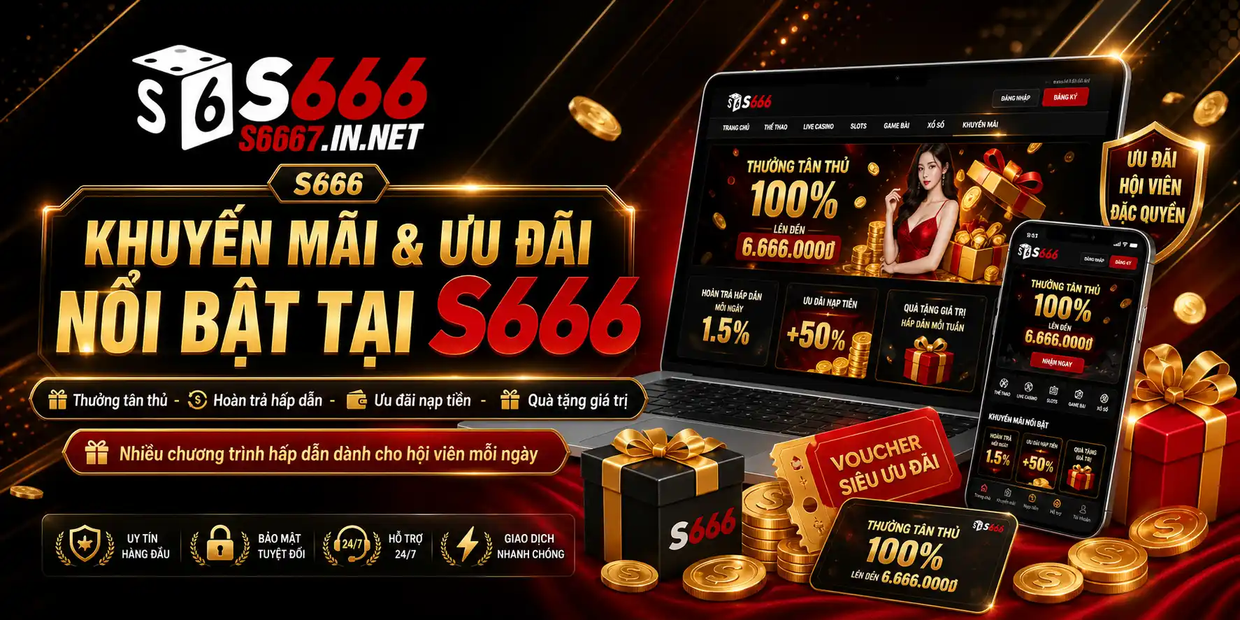 Khuyến mãi S666 nổi bật với thưởng tân thủ, hoàn trả hấp dẫn, ưu đãi nạp tiền và nhiều quà tặng giá trị cho hội viên.